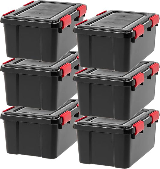 IRIS USA 6-Pack 19 Qt Storage Bins with Gasket Lids, Black/Red | WeatherPro seal protects shoes, crafts, documents and supplies from dust and moisture