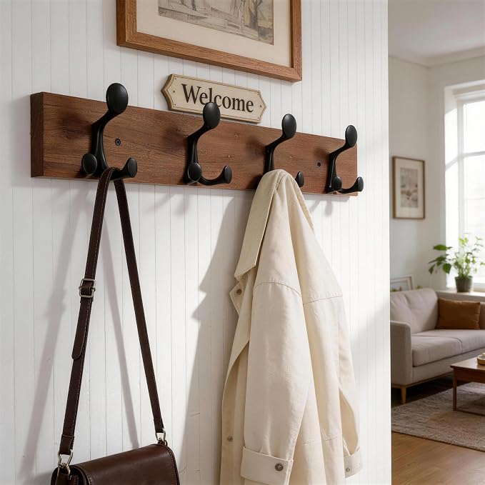 WEBI Coat Rack Wall Mount,24" Solid Wood Coat Hooks Wall Mounted Coat Hanger,16" Hole to Hole,Heavy Duty 4 Triple Hooks for Hanging Coats,Jacket,Hat,Backpack,Farmhouse,Reddish Brown