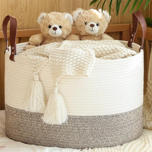 KAKAMAY Large Blanket Basket (20"x13"),Woven Baskets for storage Baby Laundry Hamper,Cotton Rope Blanket Basket for Living Room, Laundry, Nursery, Pillows, Baby Toy chest (White/Beige) | Extra Large Capacity | Natural Cotton Rope | Blanket Storage | Wo...