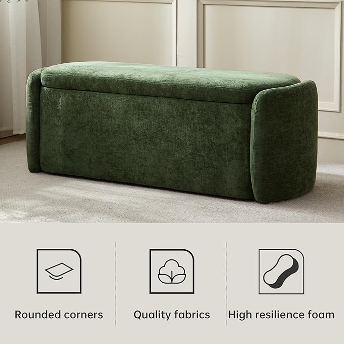 VKNOW Storage Bench, Upholstered Storage Ottoman Bench with Hinge, Green | Ottoman Bench with Large Capacity, Curved Frame, Soft Fabric, Storage Bench for Bedroom, Living Room, Entryway, Window