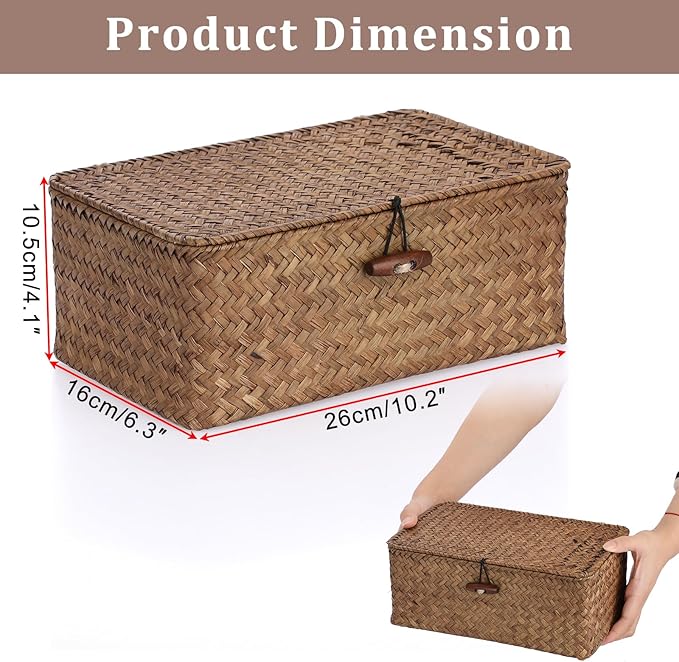 Sumnacon Small Wicker Basket with Lid Rectangle Woven Baskets for Toiletries Tampon Storage,Wicker Storage Basket with Lid,Decorative Seagrass Storage Baskets for Shelf Bathroom Toilet Table,Coffee