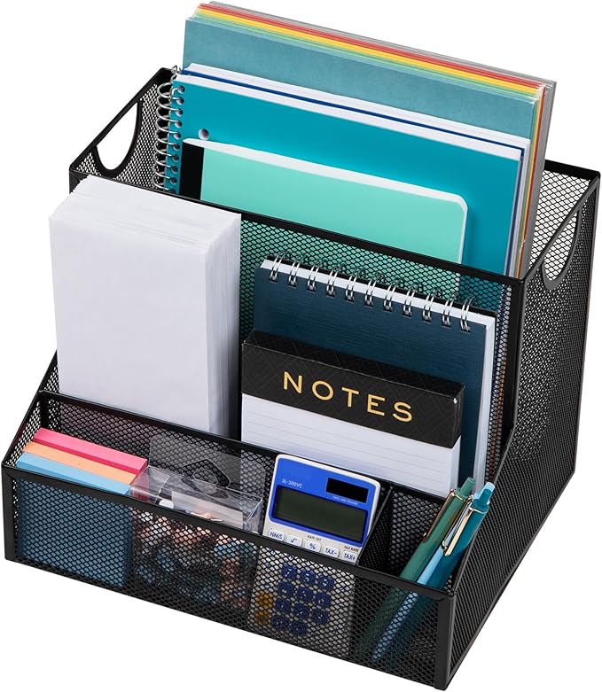 Mind Reader Desktop Organizer with Hanging File Storage, 4 Compartment Letter Size File Holder, Metal Mesh Desk Organizer for Office and Home, Black