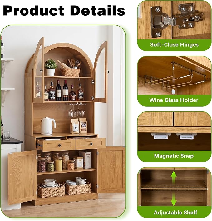 Merax 75" Tall Bookcase,Arched Pantry Cabinet with Adjustable Shelves | Farmhouse Bookshelf Coffee Bar with Charging Station Open Countertop for Office,Kitchen,Dining Room,Living Room,Oak