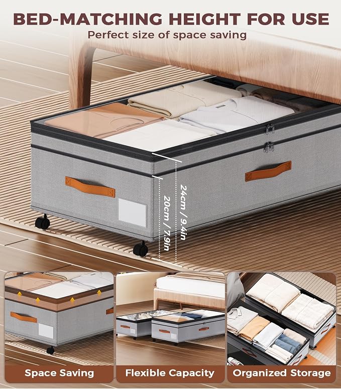 Under Bed Storage with Wheels, 35.5 inches Underbed Storage Large Capacity Under Bed Rolling Containers, 2 Pack Under the Bed Storage for Clothes, Shoes, Blankets (Deep Gray)