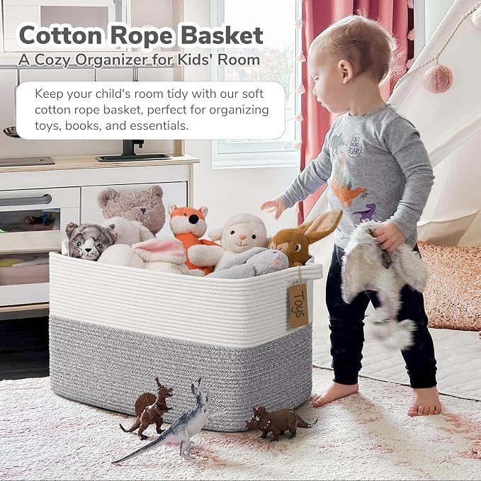 Goodpick Extra Large Woven Rope Storage Basket, Rectangle, Light Gray | 75L, 22 × 17 × 12 in, Cotton Rope, Reinforced Handles, Blankets, Pillows & Clothes Storage, Blankets & Living Room Decor