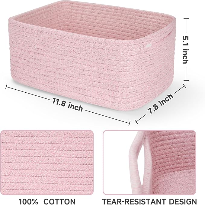 Shelf Baskets for Organizing | Storage Basket for Shelves | Small Woven Baskets | Rope Toy Basket | Closet Organizer Bins | Cube Decorative Box | 11.8×7.8×5.1” | 3 Pcs Mixed Pink