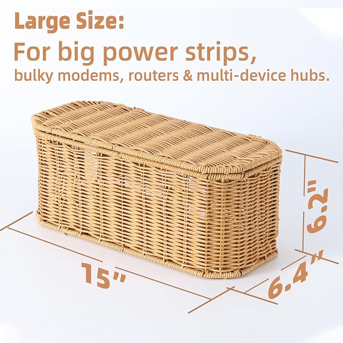 Large Cable Management Box with Lid, Wicker Basket Hides Power Strips, TV Boxes & Routers