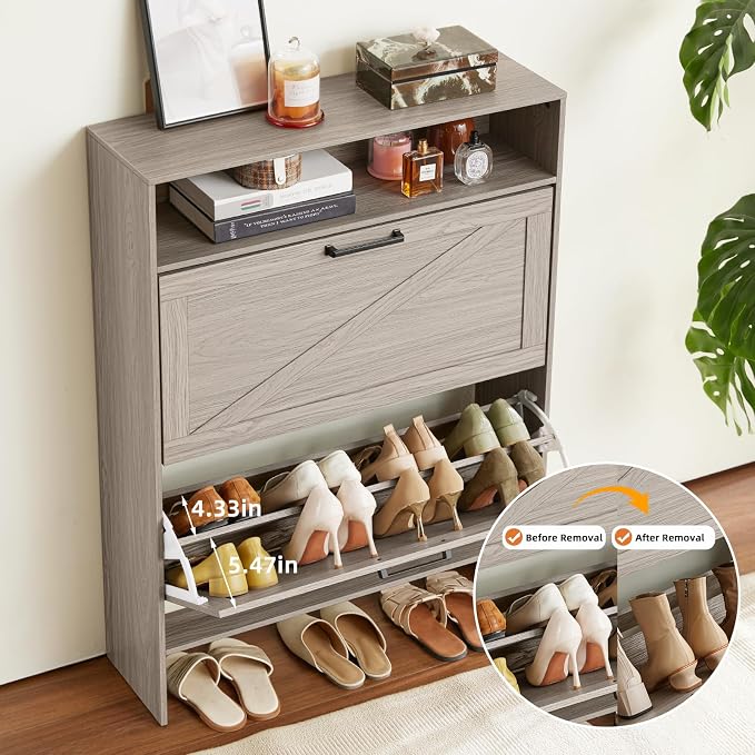 RWYHG Shoe Cabinet Storage for Entryway with 2 Flip Drawers | Open Storage Layer Rack Narrow Organizer Slim Hidden Wood Shoe Cabinet Furniture