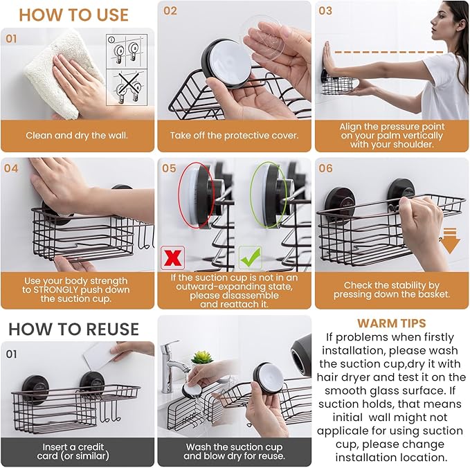 LEVERLOC Shower Caddy Suction Cup, 2 Pack Shelves for Inside with Hooks | Brown Shower Storage, Rustproof Meatl Bathroom Basket, Soap Holder, NO-Drilling Shower Holder