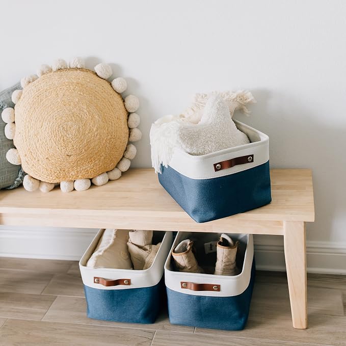 OrganiHaus 16x12.5in Storage Baskets, 3 Pack - Fabric Bins for Shelves | Vegan leather handles; a decorative linen closet organizer, towel and clothes container