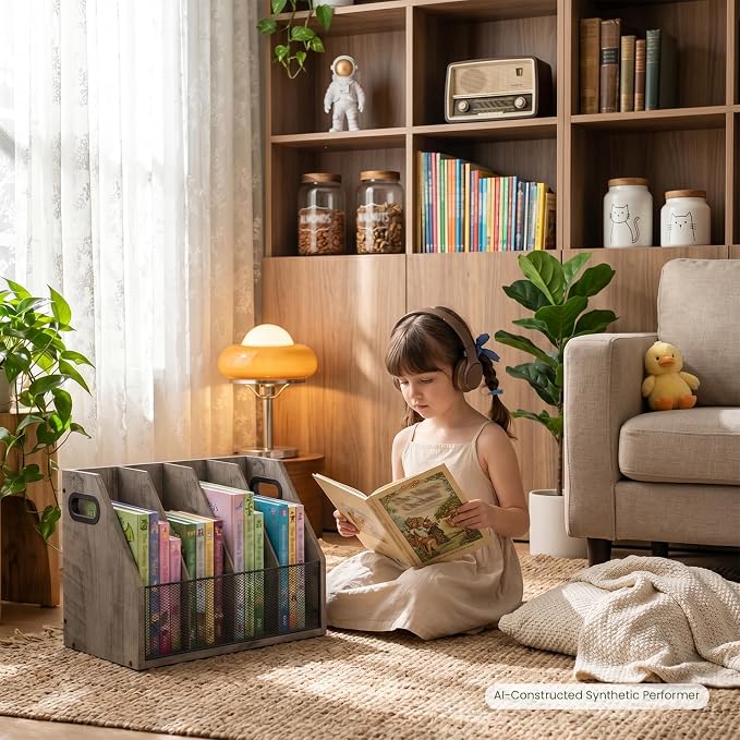 Wooden Desktop File Organizer with Removable Dividers, Mesh Front Panel for Paper, Mail, Magazine, Home Office Desk Storage, Easy Assembly, Greige MWJ06FH