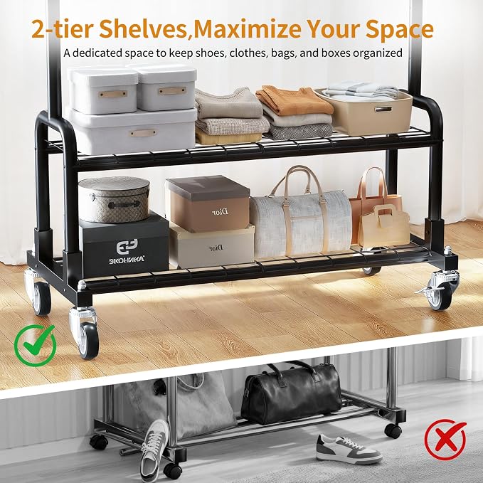 Luxspire Rolling Heavy Duty Clothes Rack with 2 Sturdy Shelves Load 600 LBS | Zinc-iron alloy frame, lockable silent wheels, adjustable extendable rods for bedroom and laundry room garment storage