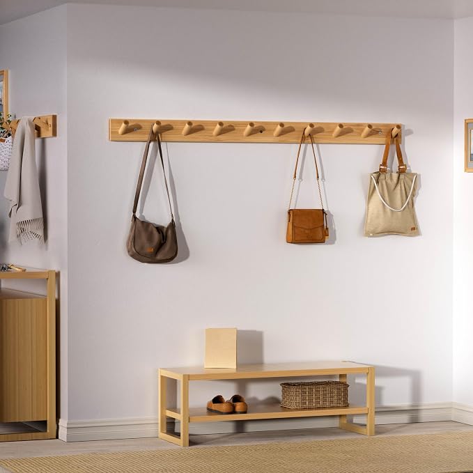 SKOLOO Wood Coat Rack Wall Mounted,10 Peg Long Bamboo Hook for Hanging Backpack Coat Towel Hat,16'' Hole to Hole,Pack of 2,Natural