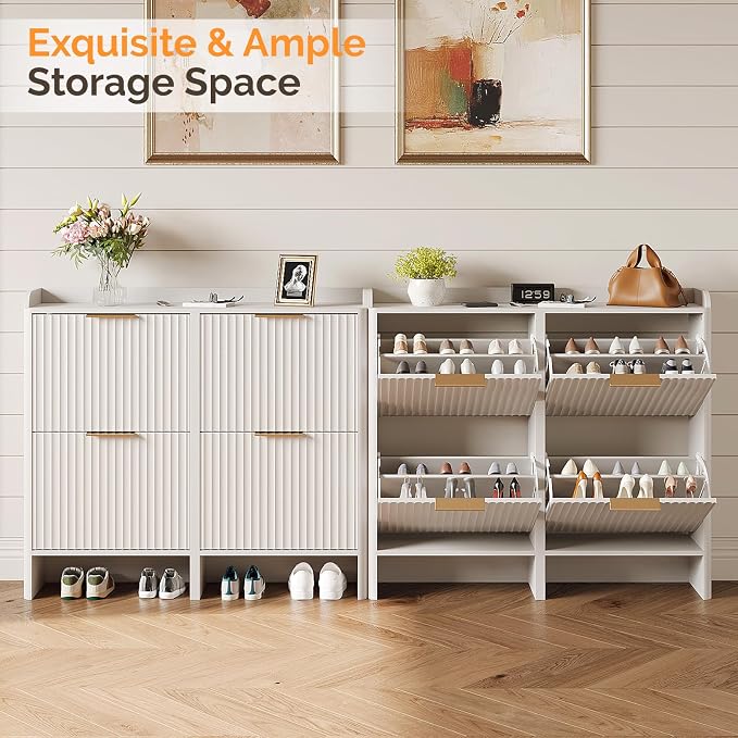 VINGLI 43.5" Large White Shoe Cabinet with 4 Flip Drawers, Slim Fluted Shoe Storage Cabinet with Unique Arched Side Panels, Modern Entryway Organizer with Gold Handles, Wide Shoe Rack for Hallway