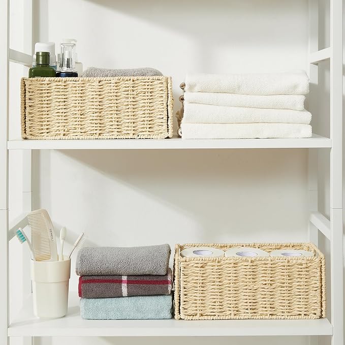 Vagusicc Wicker Storage Basket, Set of 2 Hand-Woven Paper Rope Wicker Basket, Small Storage Baskets for Organizing Toilet Paper Basket, Foldable Large Cube Storage Organizer Bins for Shelves (Beige)