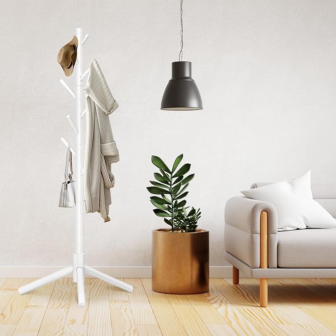 Unisakey 8-Hook Freestanding Wooden Coat Rack 3 Adjustable Heights White | Stable Triangular Base for Safety,Durable Construction,Simple Tool-Free Assembly,Ideal for Bedroom Hallway Office Entryway