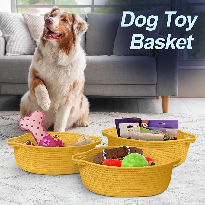 MEGASKET Yellow Woven Basket, 13" x 9" x 5" Baskets for Gifts Empty, Cute Cotton Rope Cat Dog Toy Bin Box, Small Woven Bin for Organizing, Yellow Room Decor, Nursery Cloth Diaper Storage Organizer