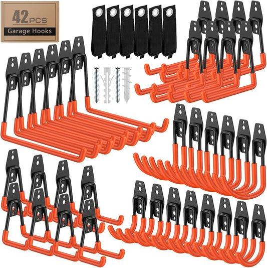 42-Pack Heavy Duty Wall Mount Garage Hooks | Hanging Storage For Ladders, Hoses, Bikes, Garden Tools, Ropes; For Yard, Warehouse, Workshop, Shed, Shop