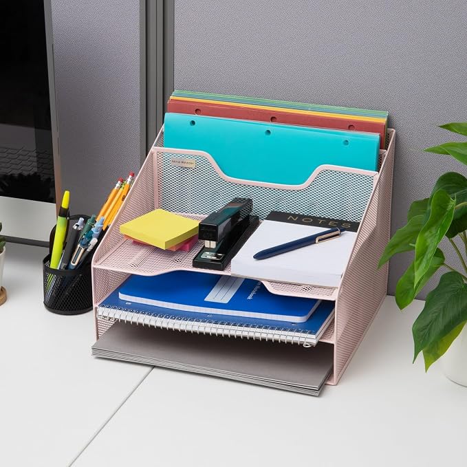 Mind Reader Metal Mesh Desktop File Organizer, 3-Tier Paper Tray with 5 Compartments, Office Mail Sorter, Pink