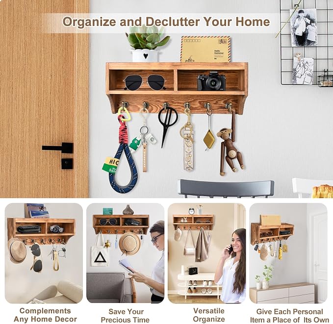 Key Holder Wall Mount with Mail Organizer, 6 Hooks & Shelf, Brown | Wood Key Holder Wall Mount with 6 Key Hooks, Shelf & Storage Box and Mail Organizer for Entryway, Apartment, Home and Office