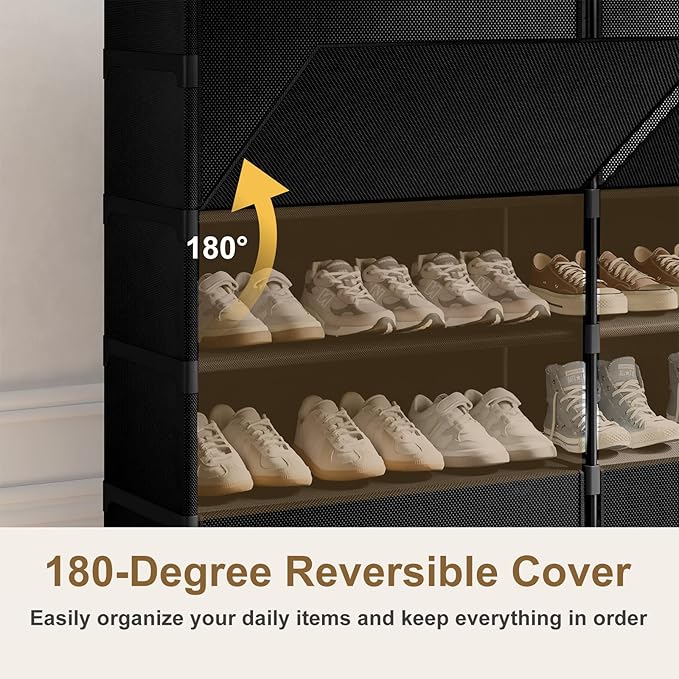2 by 7 Tier Shoe Cabinet, 42-Pair Storage for Closet, Black | Removable layer fits tall boots. Split into 2 units for different spots. Door keeps shoes clean.