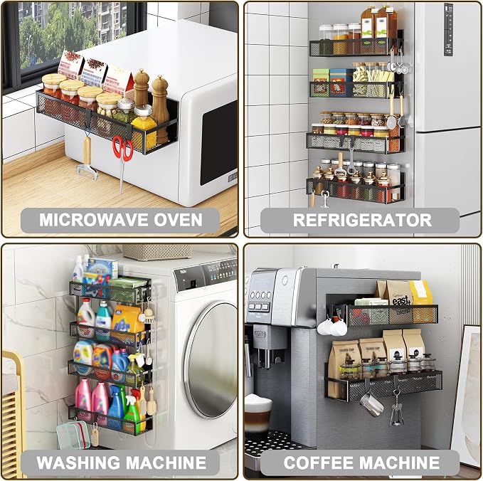 Aufworld Magnetic Spice Rack for Refrigerator, 6 Pack Magnetic Shelf, Fridge Magnet Organizer with Moveable 12 Hooks, Magnetic Fridge Shelf for Kitchen Organization and Storage (6 Pack)