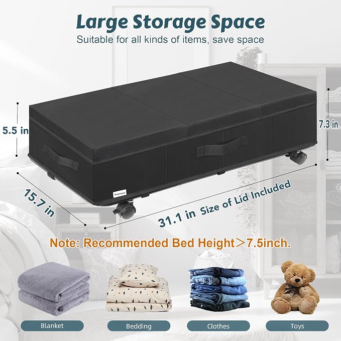 Supowin Under Bed Storage with Wheels, 2Pack Rolling Underbed Storage | 7.3 Inches Tall Under the Bed Container with Lids, Reinforced Handle, Reinforced Metal Bottom Support, 360° Rotating Wheels