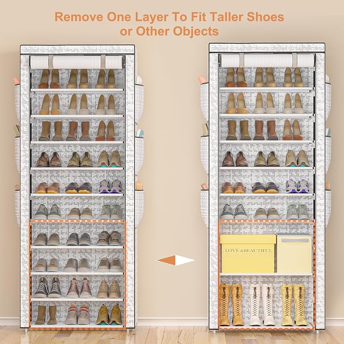 OYREL Shoe Rack Dustproof 10 Tier Tall Large Storage with 6 Storage Pocket | Space Saving Fabric Cover Shoe Organizer Shelf for Closet, Bedroom, Garage, Entryway, Narrow Free Standing Cabinet Holder