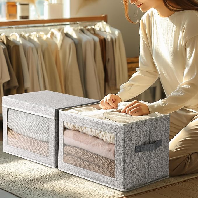 Foldable Storage Bin with Lid - Closet Storage Organizer with Window, Storage Bins with Lids for Clothes, Fabric Storage Baskets for Shelves, Bedroom, Dorm, Light Grey, 4 Pack
