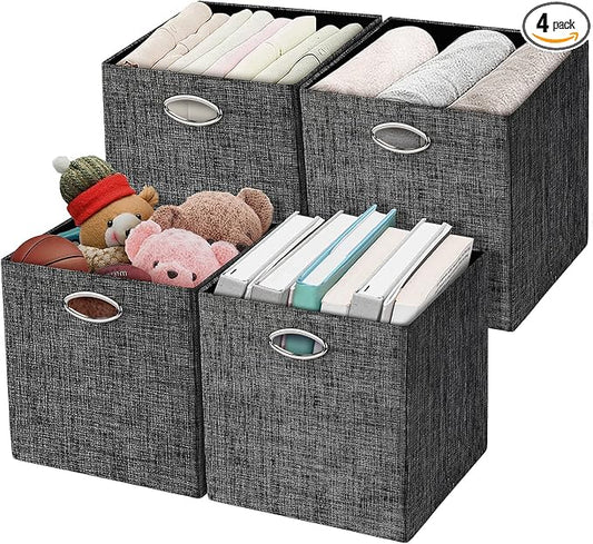 Posprica Storage Cubes,12×12 Storage Bins,Foldable Storage Baskets Fabric Drawers Containers for Shelf Cabinet Bookcase,Thick and Heavy Duty (4pcs, black)