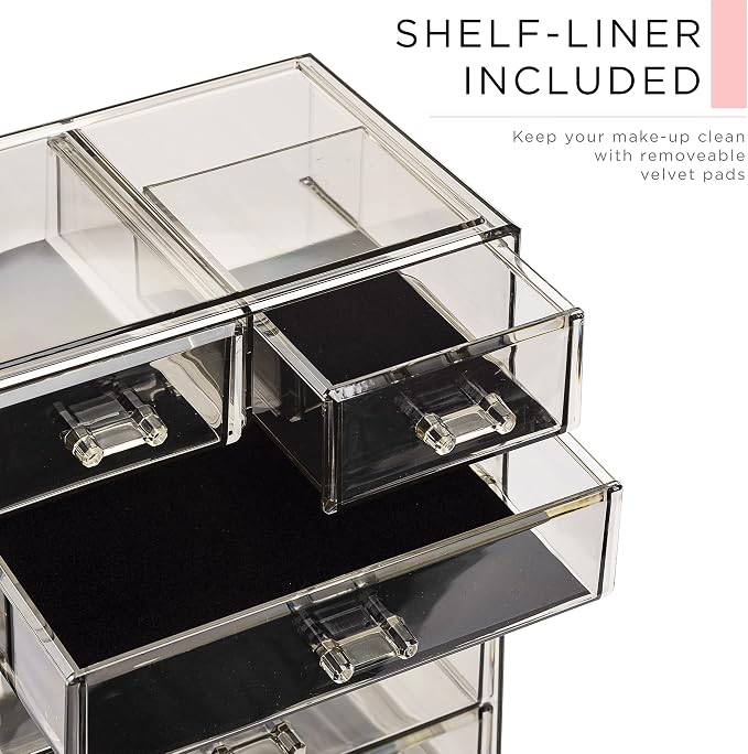 Sorbus Acrylic Makeup Organizer Set, 6-Drawer Vanity & Countertop Cosmetic Storage with Small & Wide Compartments, Black-Tint Makeup Storage for Brushes, Jewelry – Holiday Gift for Women & Teens