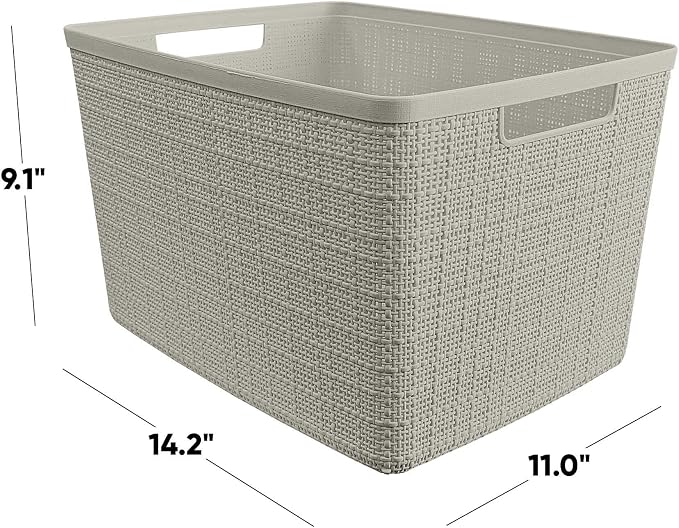 Large Beige Decorative Storage Basket With Woven Jute Look Design, Cutout Handles, 14" X 11" X 9" Organizer For Closet, Bathroom, Kitchen, Office And Home Storage
