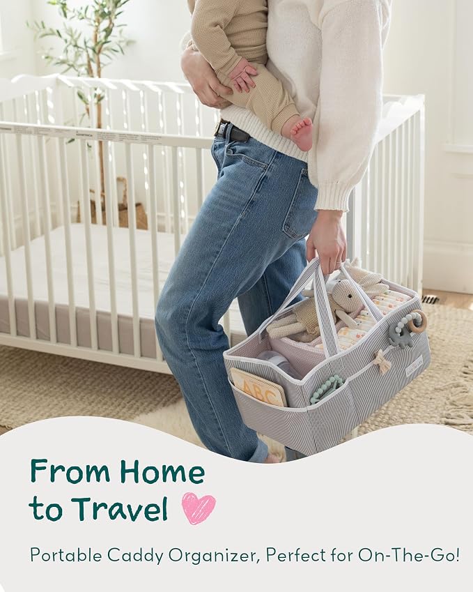 Baby Diaper Caddy Organizer, Girl Nursery Storage Basket with 8 Pockets, Baby Organizer and Storage, Easy-to-Clean Fabric, Large, Pink Blush