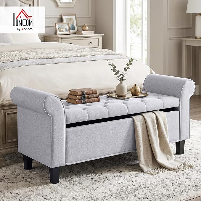 HOMCOM 47" Ottoman wih Storage End of Bed Bench with Rolled Arms Light Gray | Storage Chest, Safety Hinge, Wooden Legs, Upholstered End of Bed Bench, 528 lbs, Bedroom Entryway Living Room