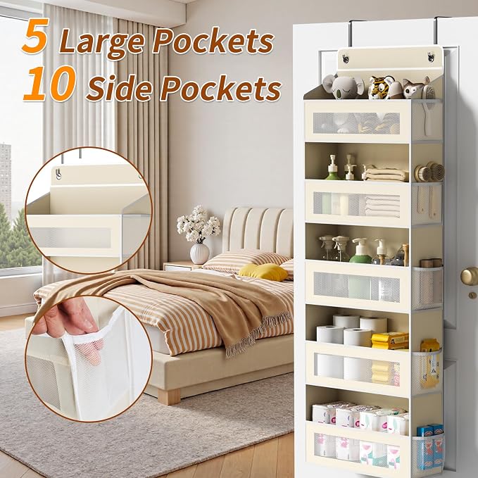 AQOOA 5-Tier Over The Door Organizer 44 lbs Capacity fit Standard Doors | Over the Door Storage with10 Side Pockets Behind Door Storage, Closet Door Organizer Hanging Shelf for Bathroom, Beige
