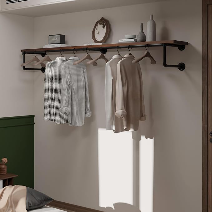 Clothes Rack 70in, Wall Mounted Garment Racks with Walnut Solid Wood Shelf, Heavy Duty Hanging Clothes Rack, Multi-Purpose Hanging Rod, Space-Saving Closet Storage