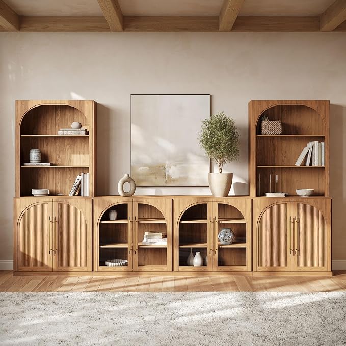 BELLEZE 6-Piece Modular TV Stand Set - 2 Arched Glass Cabinets, 2 Double-Arc Wood Door Bases, and 2 Hutch Units, Classic Modern Entertainment Center with Adjustable Shelves for Living Room(Camel)