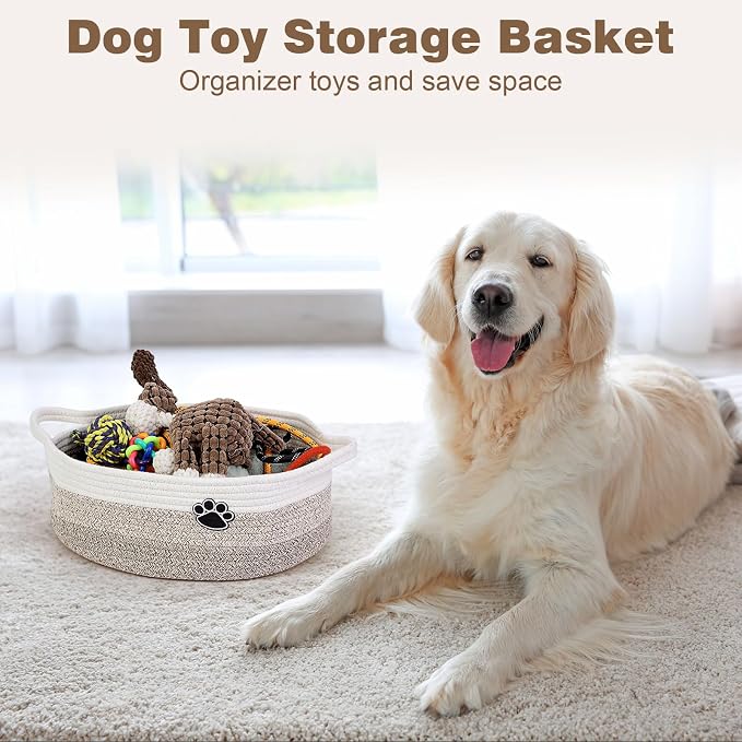 Optish Dog Toy Basket, Toy Box and Bin for Dog Cat Storage, 13.5" X 11" X 5" Small Woven Rope Basket for Baby Storage, Closet, Living Room, White & Brown