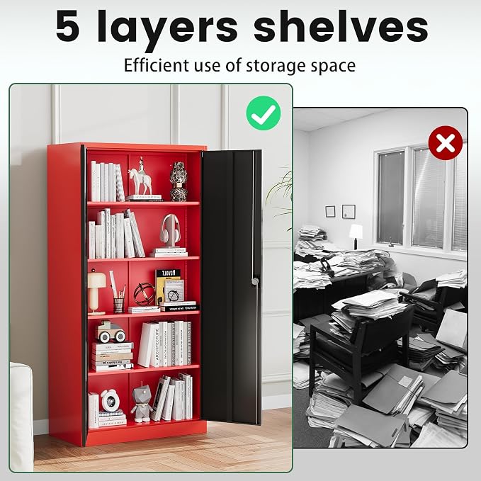 Letaya Metal Storage Cabinets with Lock, 72" Tall Locker Organizer Steel Cabinets, Adjustable Layers Shelves 2 Doors for Home, Office, Warehouse,Garage(Black Red)