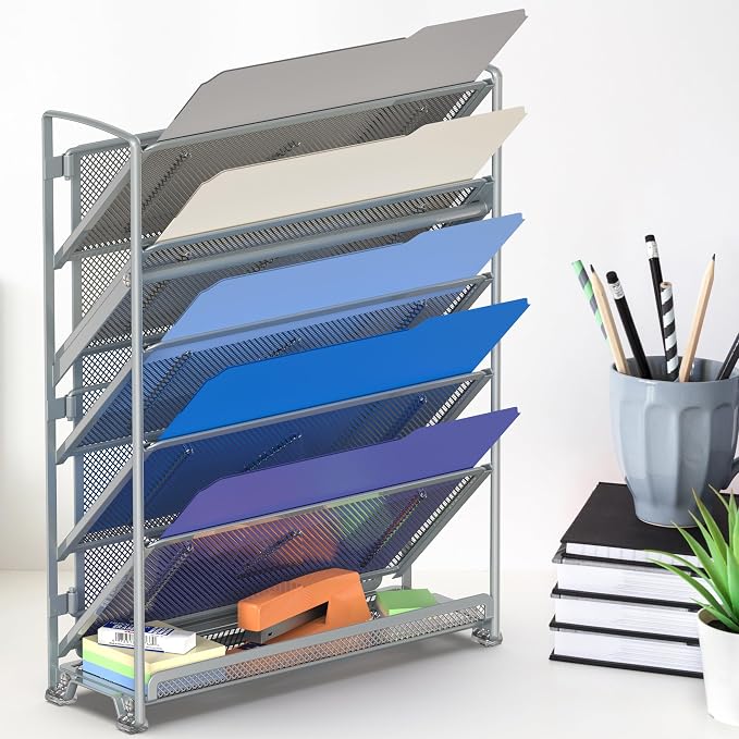 Simple Houseware 6-Tier Wall Mount Document Letter Tray Organizer, Silver | 5 Tilted Trays + 1 Flat Bottom Tray, Wall Mount Hardware Included