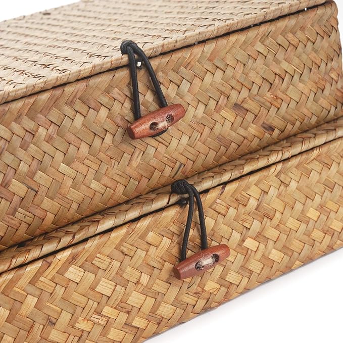 Seagrass Storage Baskets with Lids, Flat Wicker Basket, Shallow Woven Basket for Shelf, Decorative Storage Boxes for Organizing (Natural)