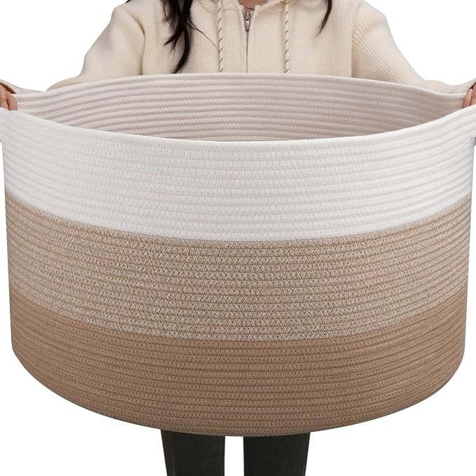 OIAHOMY 90L Extra Large Blanket Basket - Decorative Cotton Rope Storage Basket for Bedroom, Living Room & Nursery - Woven Laundry Hamper for Organizing Blankets, Clothes & Toys - Gardient Light Brown
