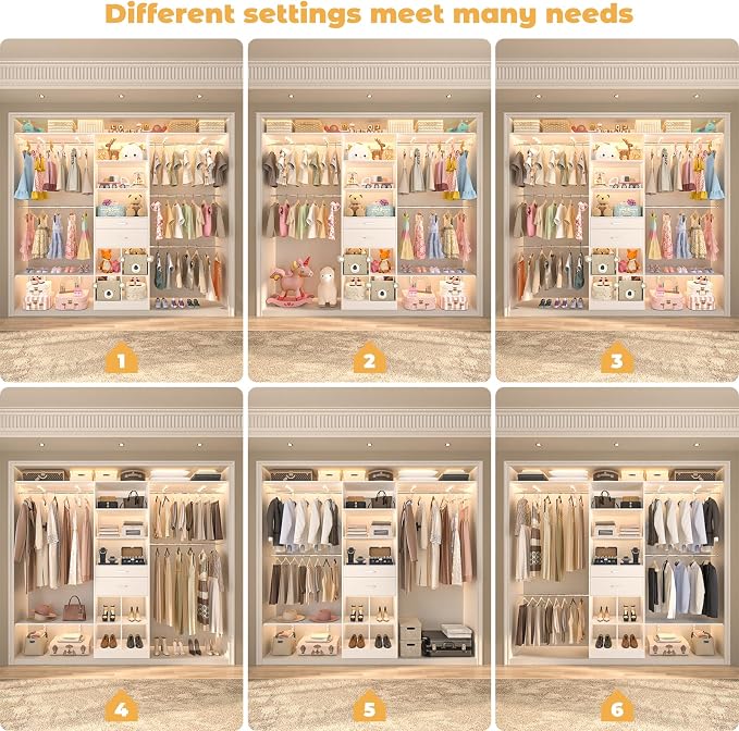 Besiost Closet System - 5-8FT Closet Organizer System with Wooden Drawers & Cube Storage Organizer, Up To 96" Closet Systems for Nursery & Walk-In Closets with Cuttable Hanging Shelving, White