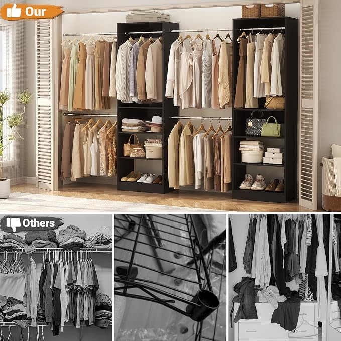 Closet System, 4.5-11.5 Ft Expandable Closet Organizer, Black | 5 Hanging Rods, Walk-in Wood Closet Organizer System with Storage Tower, Heavy Duty Garment Rack Wardrobe for Bedroom