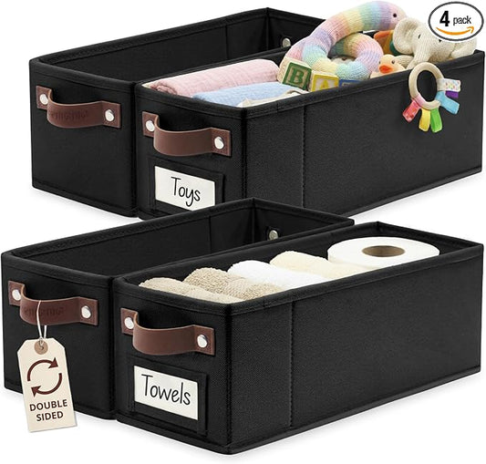 DECOMOMO Narrow Storage Bins, Small Basket with Handles (Black, 4 Pack) | 15 x 5.9 x 5.5 inches Storage Basket, Fabric Storage Bins with Labels