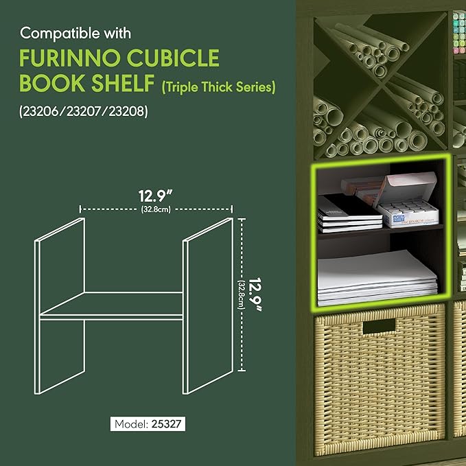 Furinno Cubicle H-Shelf Cube Insert, 2-Tier Cube Organizer, Dark Oak | 12.9W x 12.9H, Shelf Accessory, Fits into Furinno Triple Thick Cubes, IKEA Kallax, for Organizers and Storage