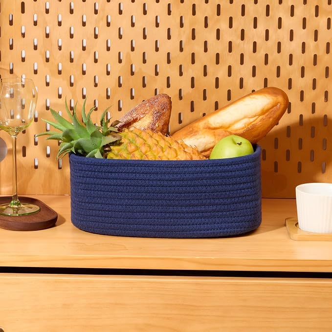 MiniArk Small Storage Baskets for Organizing | Closet Organizer Bins | Shelf Toy Basket | Woven Rope Baskets | Cube Decorative Box | Shallow Basket | 11.5x7.5x4.7” | 4 Packs Navy Blue