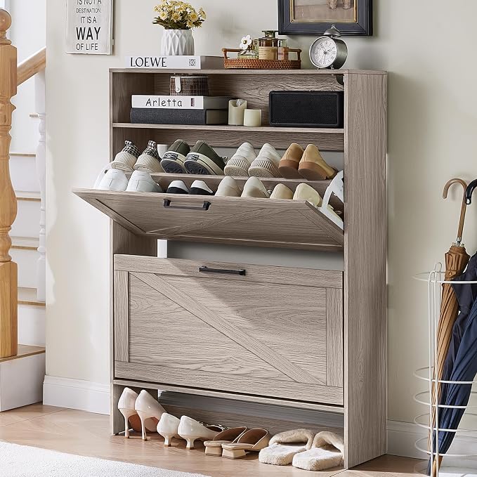 RWYHG Shoe Cabinet Storage for Entryway with 2 Flip Drawers | Open Storage Layer Rack Narrow Organizer Slim Hidden Wood Shoe Cabinet Furniture