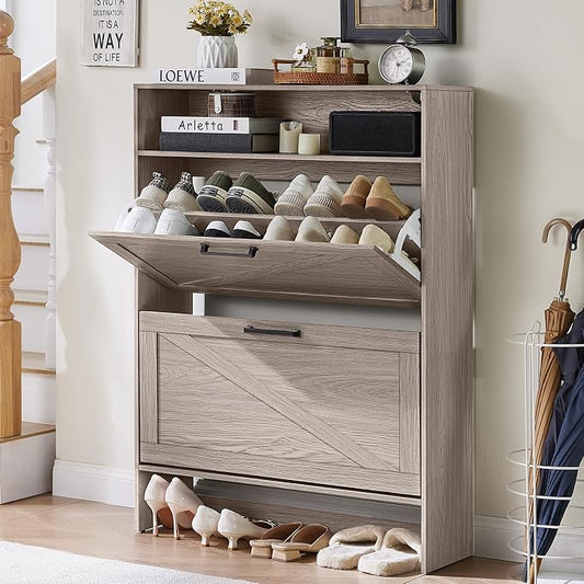 RWYHG Shoe Cabinet Storage for Entryway with 2 Flip Drawers | Open Storage Layer Rack Narrow Organizer Slim Hidden Wood Shoe Cabinet Furniture