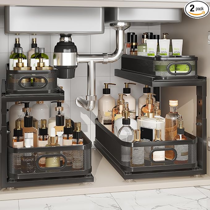 2 Pack 18.5IN-Depth Under Sink Organizer With Next-Gen Ball-Bearing Slides,2-Tier Precision Mesh Pull Out Cabinet Storage for Bathroom&Kitchen,Height Adjustable Drawers Shelf,Anti-rust-Black